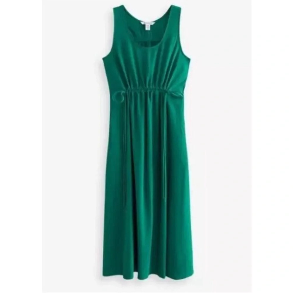 Athleta Emerald Green Echo Midi Tank Dress Size Medium Ruched Adjustable Waist